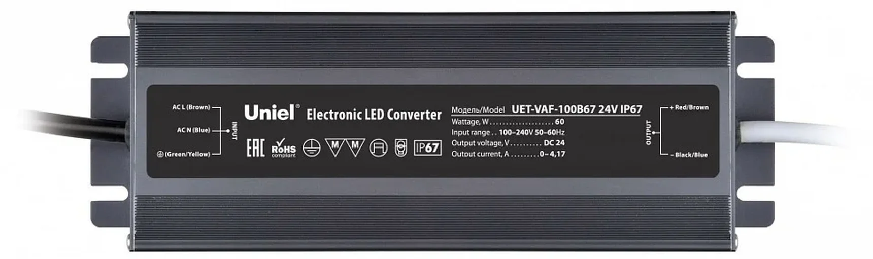 UET-VAF-100B67 24V IP67 Блок питания ультратонкий, 100Вт. Металлический корпус. TM Uniel