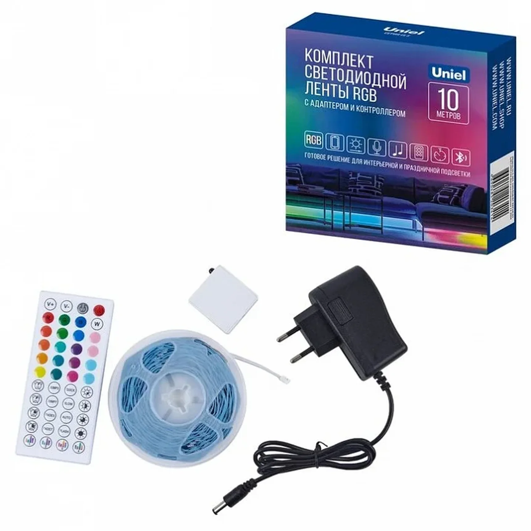 ULS-A01 10M/RGB/BT RRP24C01 Комплект светодиодной ленты c Bluetooth, 10м. RGB свет. Адаптер 24Вт. Контроллер с пультом в/к