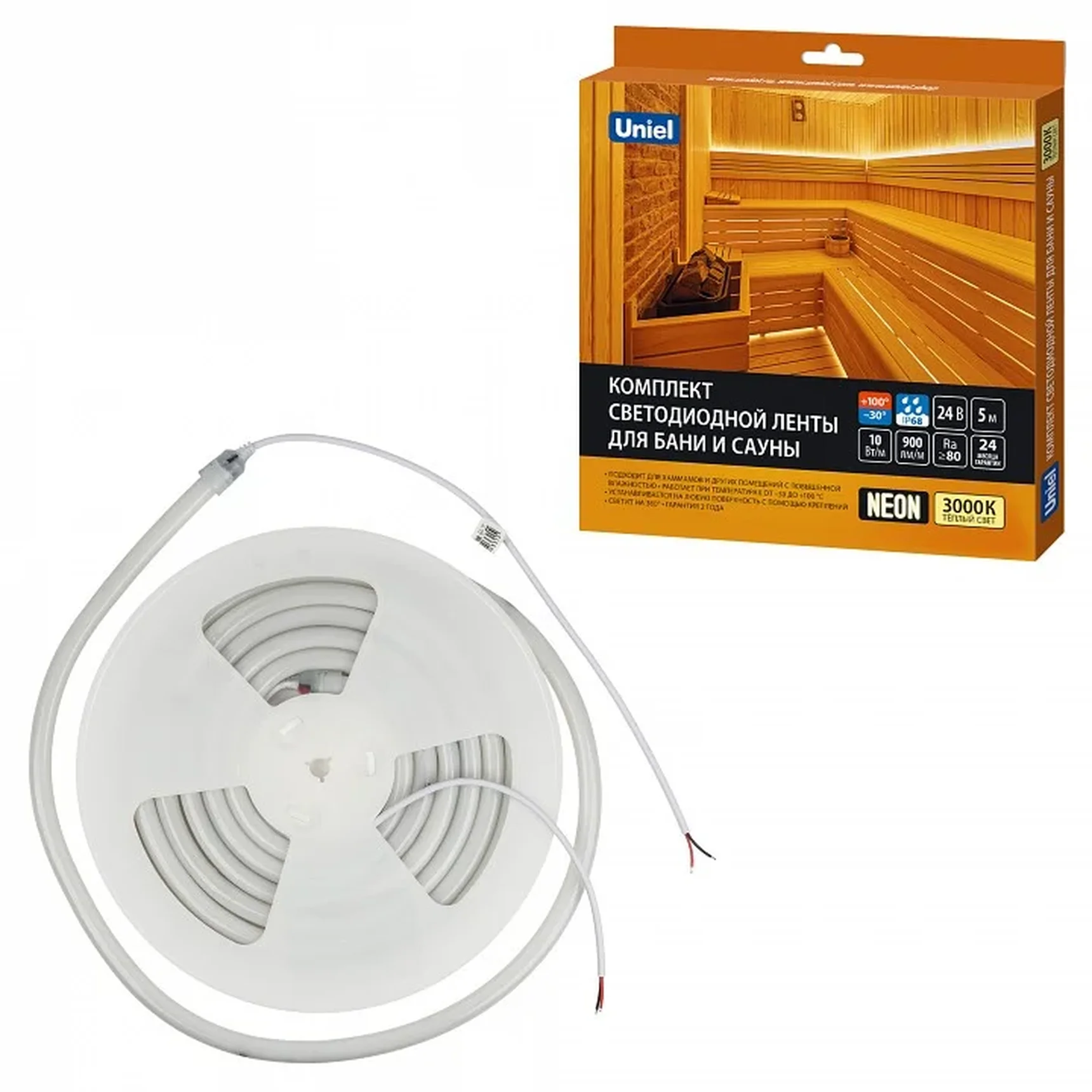 ULS-N40-2835-120LED/m-16mm-IP68-DC24V-10W/m-5M-3000K NEON SET01 Комплект светодиодной ленты для бань и саун, до +100°С, катушка 5м