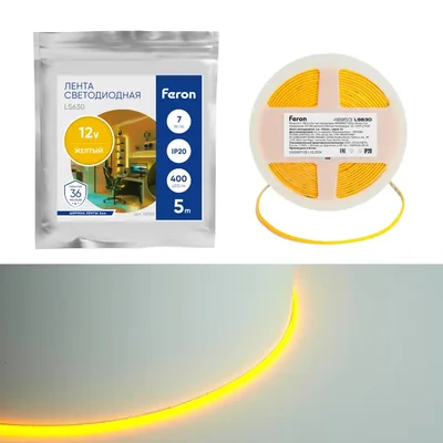 Светодиодная COB лента Feron LS630, 400SMD(2110)/ 7Вт/м 12V 5000*3*1.8мм желтый, IP20, 48950