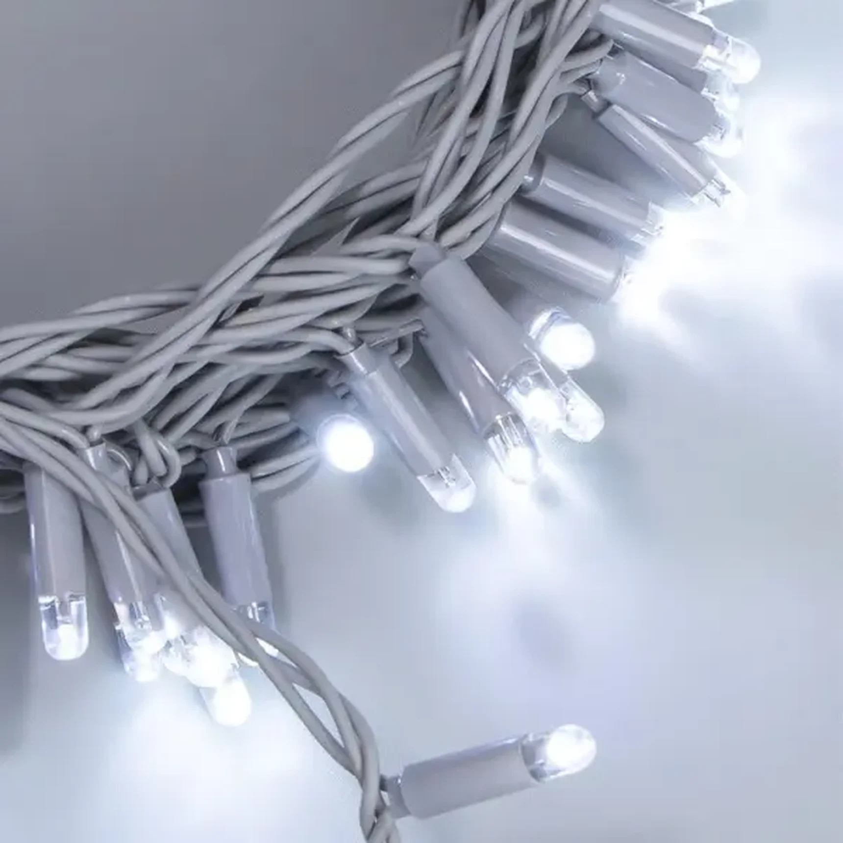 Гирлянда Нить 10м Белая 24В, 100 LED, Провод Серый Каучук 2,3мм, IP65