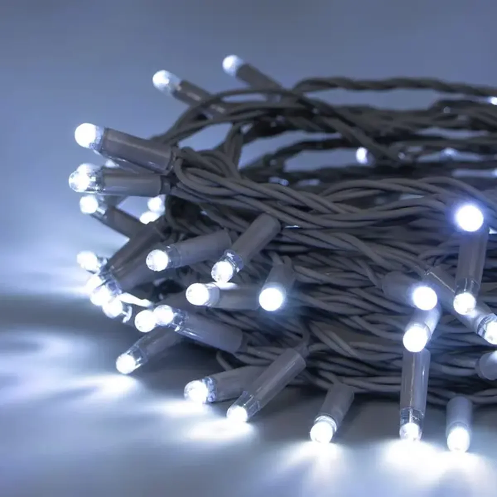 Гирлянда Нить 10м Белая 24В, 100 LED, Провод Серый Каучук 2,3мм, IP65