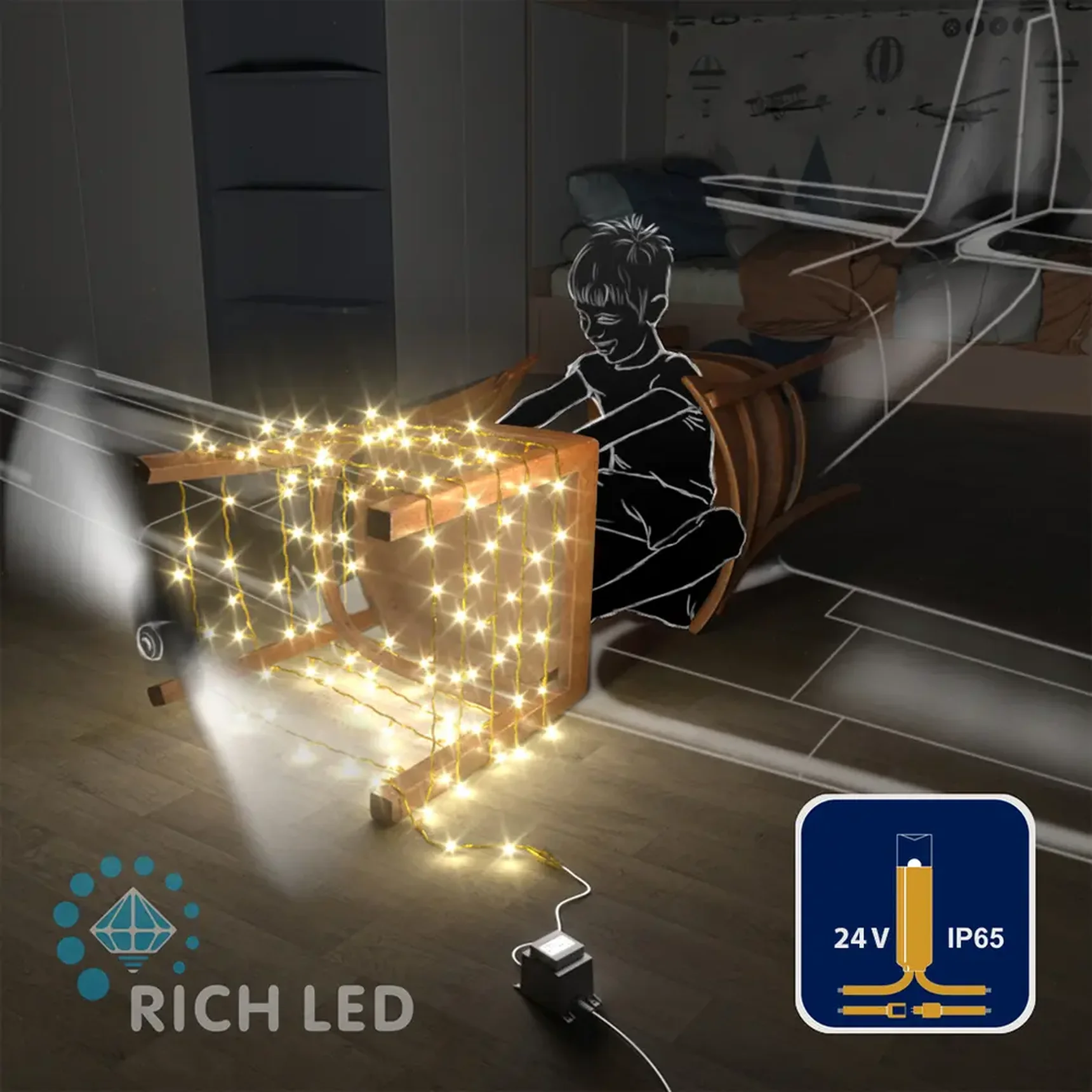 Светодиодная гирлянда Rich LED 10 м, 100 LED, 24В, соединяемая, влагозащитный колпачок, статика, теплая белая, золотой провод, RL-S10C-24V-CGd/WW