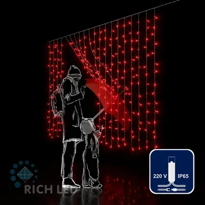 Светодиодный занавес (дождь) Rich LED 2*1.5 м облегченный, влагозащитный колпачок, красный, прозрачный провод, RL-CS2*1.5-CT/R