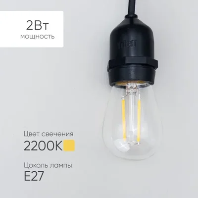 Лампа Филаментная H60 мм 220В, Цоколь E27, 2 Вт, Тепло-белая, 2200К