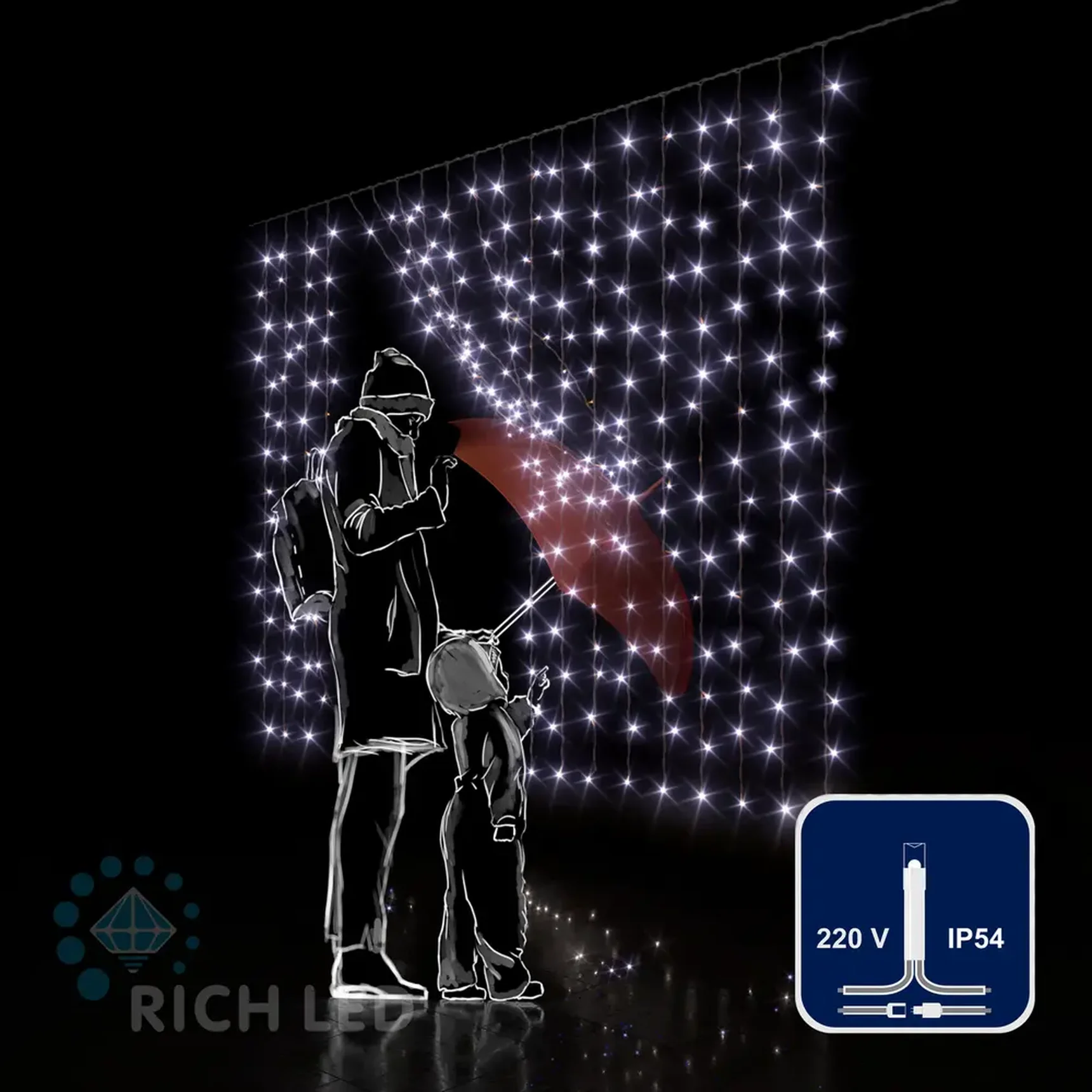 Светодиодная занавеса 300 LED, 16 Ватт, IP54, для улицы и помещения, провод Прозрачный, Свечение: постоянное, RL-CS2*1.5-T/W