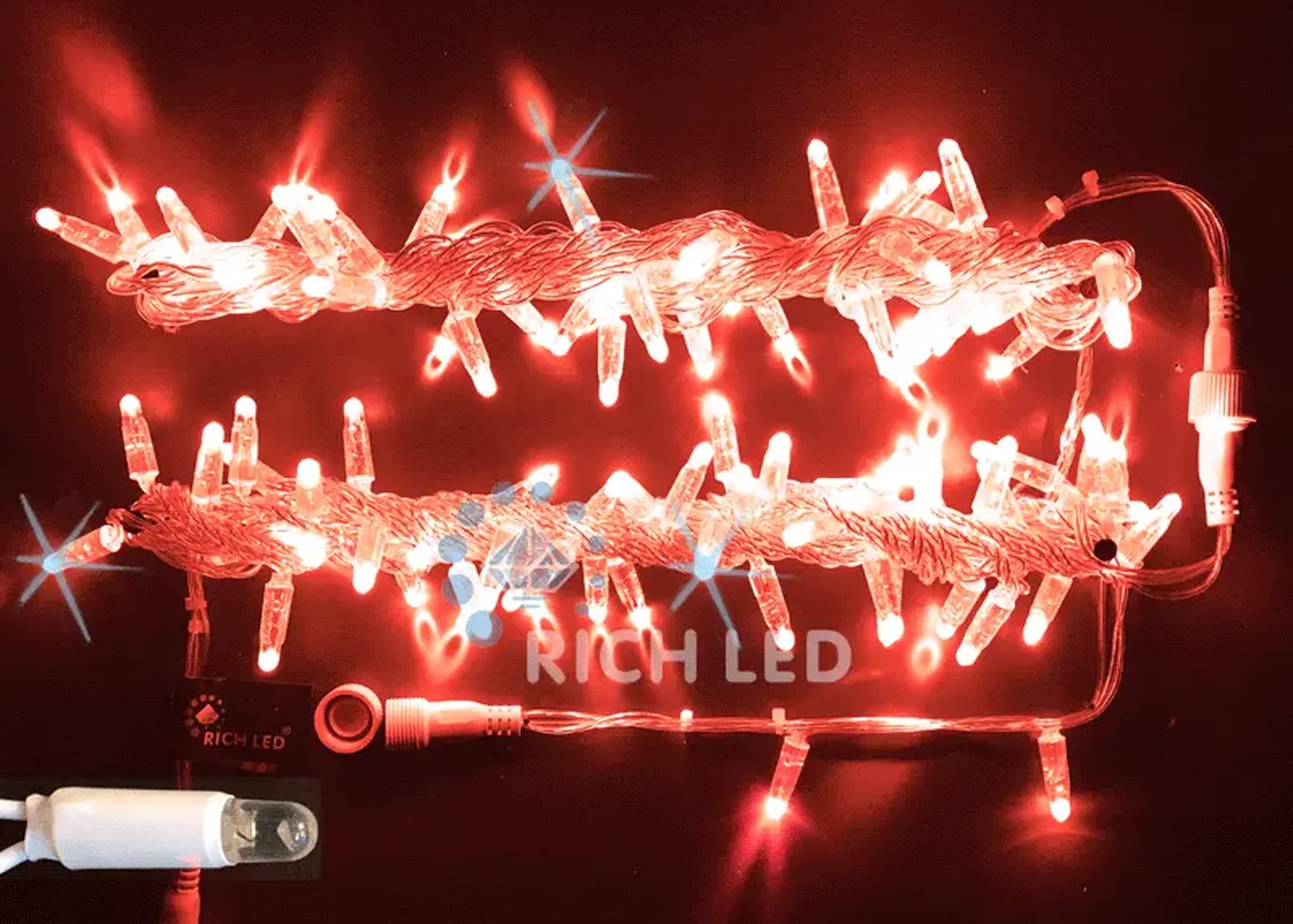 Светодиодная гирлянда Rich LED 10 м, 100 LED, 220 В, соединяемая, влагозащитный колпачок, красная, мерцающая, прозрачный провод, RL-S10CF-220V-CT/R