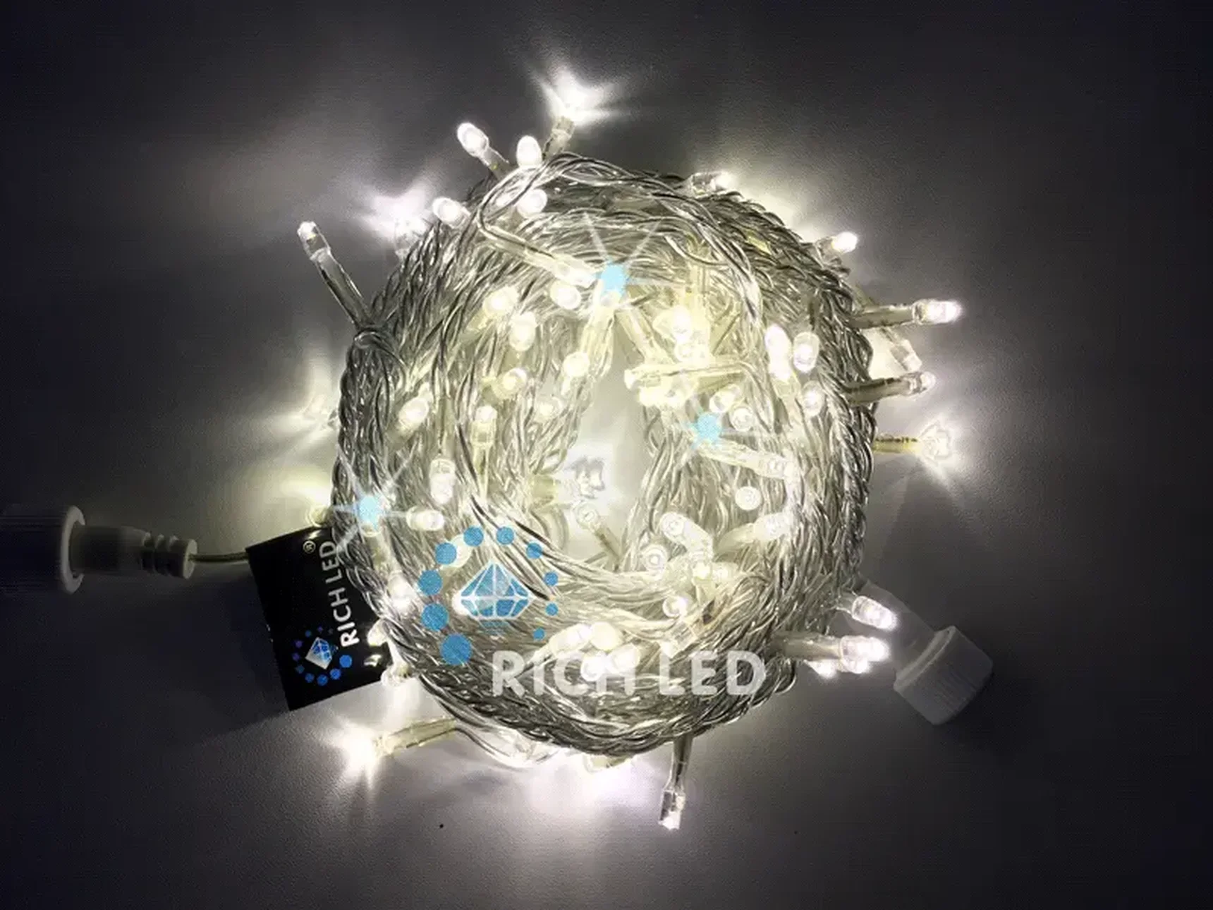 Светодиодная гирлянда 100 LED, IP54, для улицы и помещения, провод белый, Свечение: мерцание, RL-S10CF-220V-W/WW