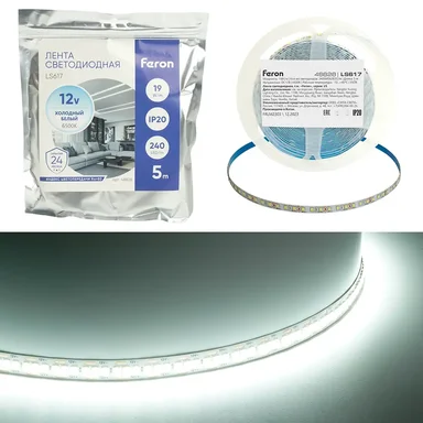 Светодиодная LED лента Feron LS617, 240SMD(2835)/м 19Вт/м 12V 5000*10*1.22мм 6500К, IP20, 48828