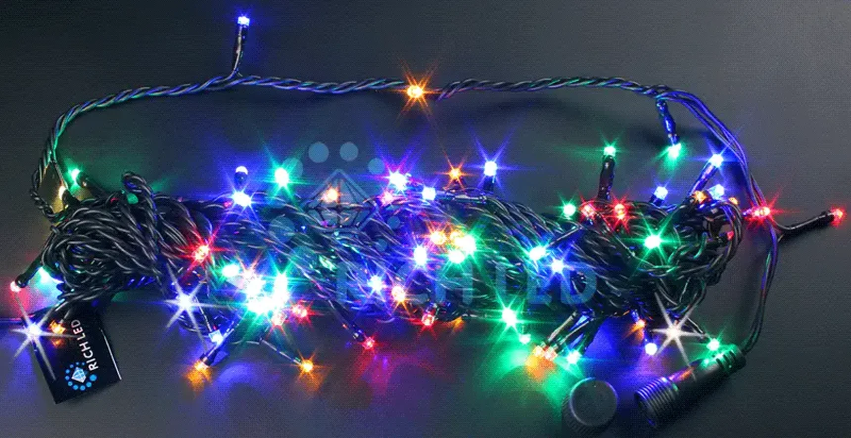 Светодиодная гирлянда Rich LED 10 м, 100 LED, 24 В, соединяемая, мульти 2, мерцающая, черный провод, RL-S10CF-24V-B/RGP