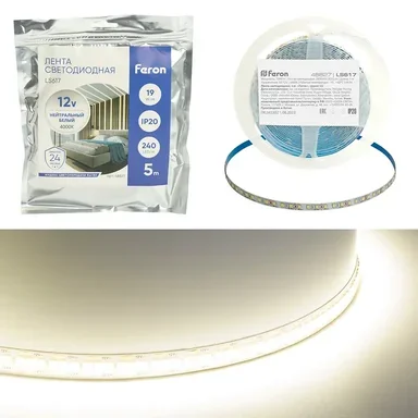 Светодиодная LED лента Feron LS617, 240SMD(2835)/м 19Вт/м 12V 5000*10*1.22мм 4000К, IP20, 48827